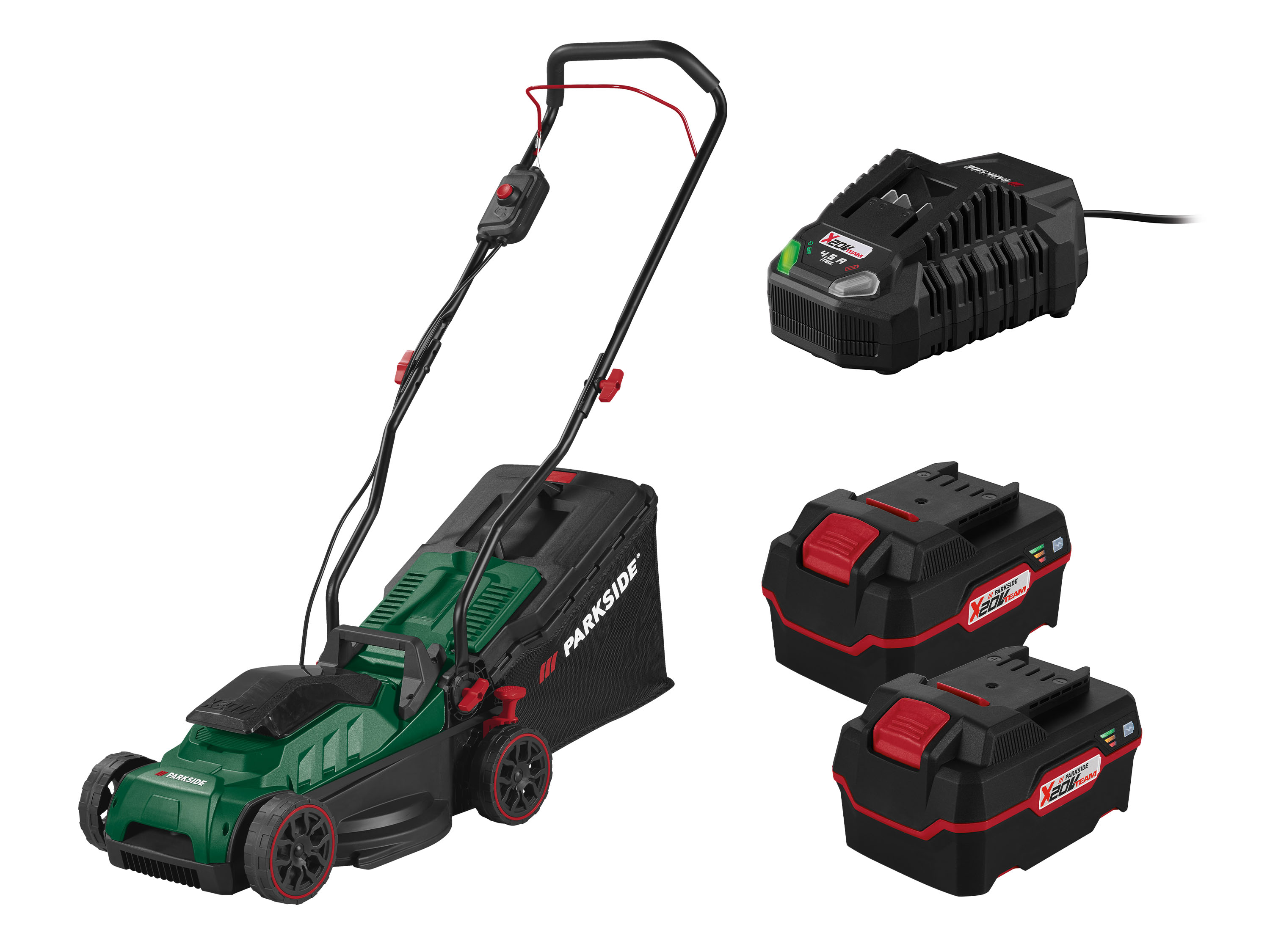 Parkside Zestaw Akumulatorowa kosiarka 20 V z 2 akumulatorami, 4 Ah i szybką ładowarką, 4,5 A