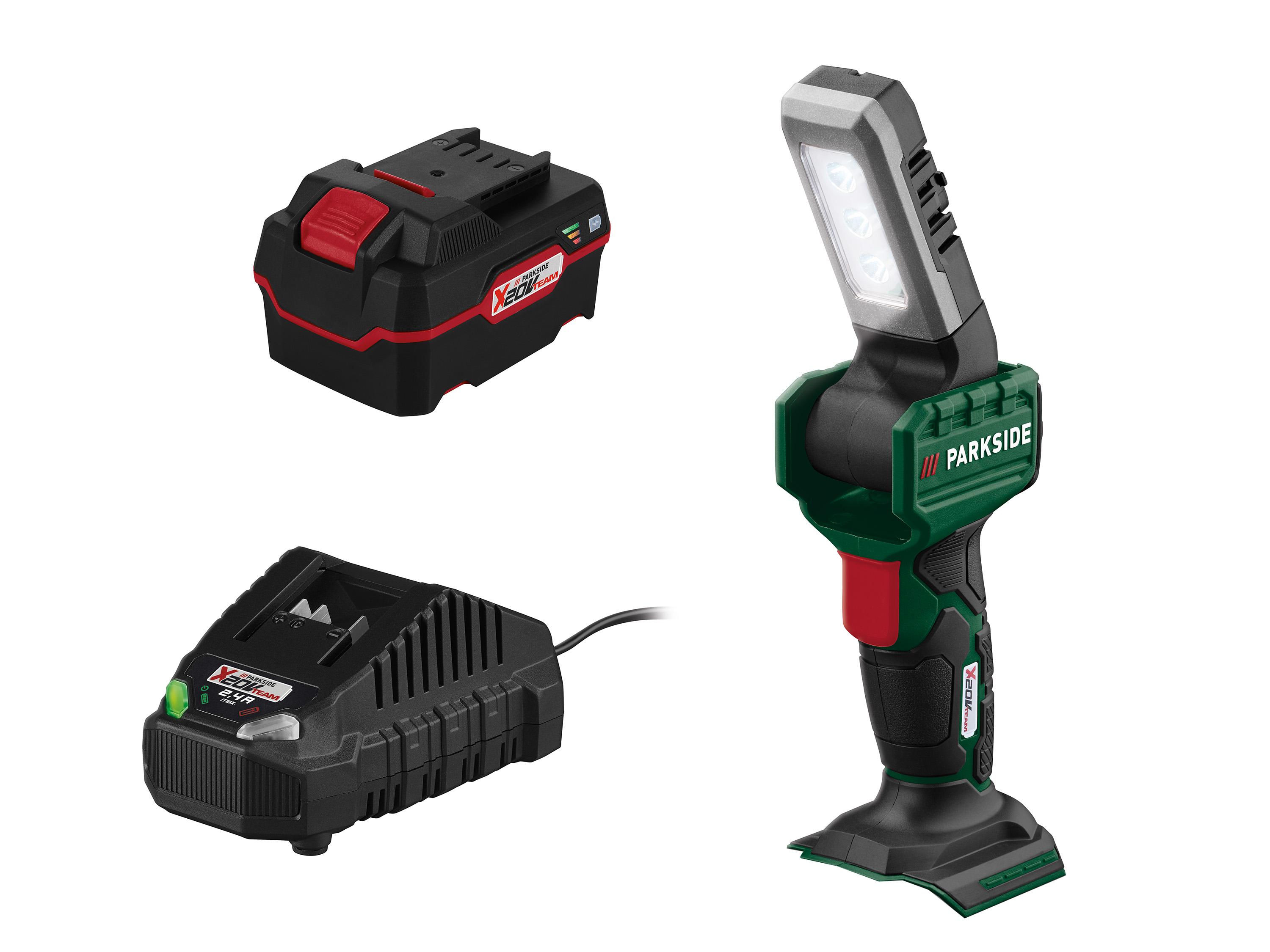 Parkside Zestaw Akumulatorowa lampa ręczna LED 20 V z akumulatorem, 4 Ah i ładowarką 2,4 A