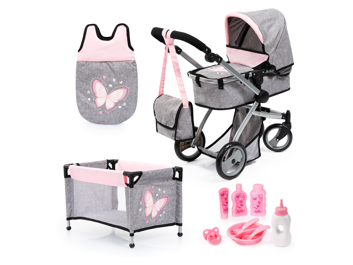 Bayer Design Megazestaw do zabawy wózek, łóżeczko podróżne, śpiwór i butelki dla lalek Szary/różowy