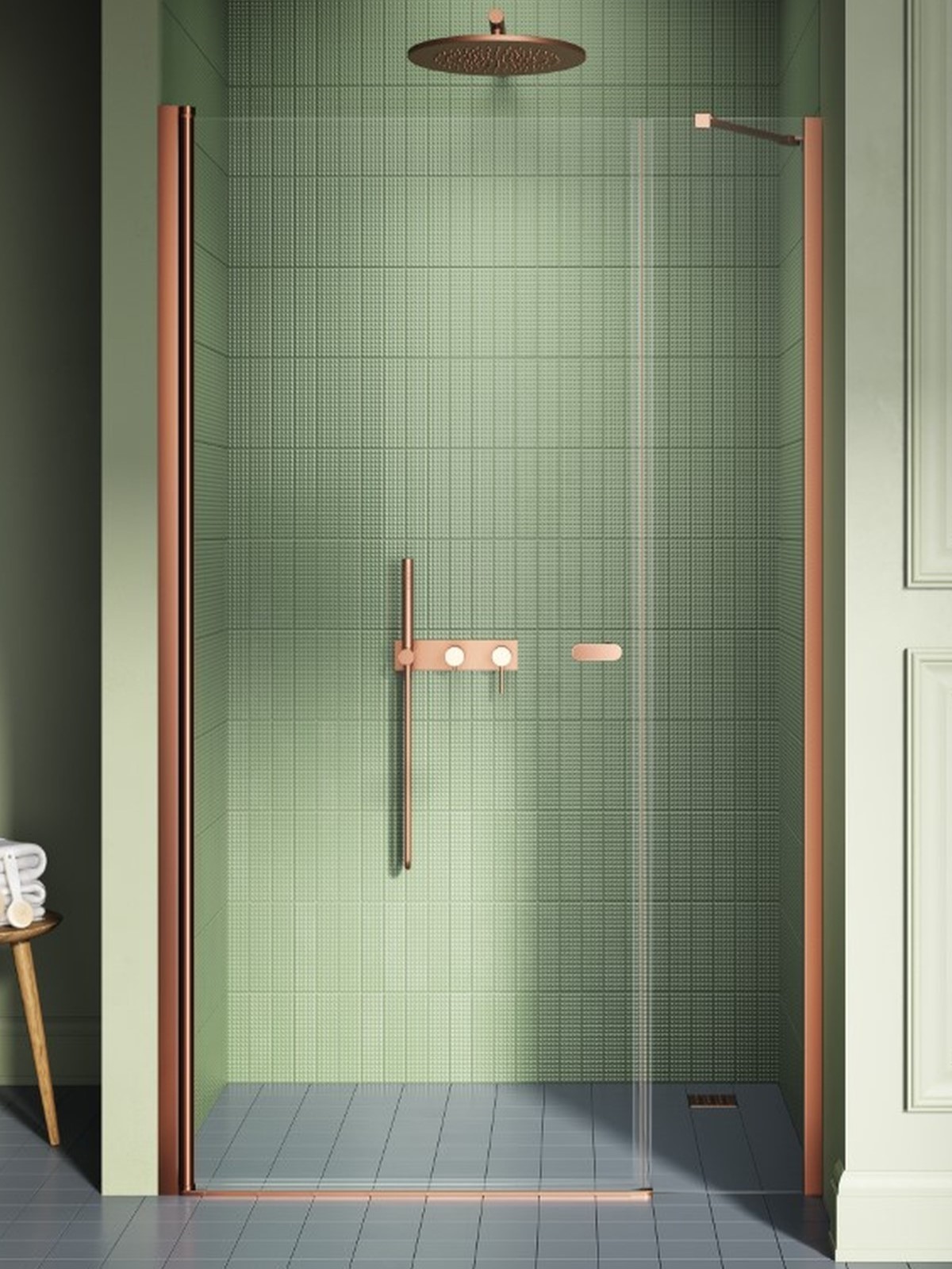 Darmowa Dostawa - Drzwi prysznicowe 120 cm uchylne miedź szczotkowany/szkło przezroczyste New Trendy New Soleo Copper Brushed D0948A