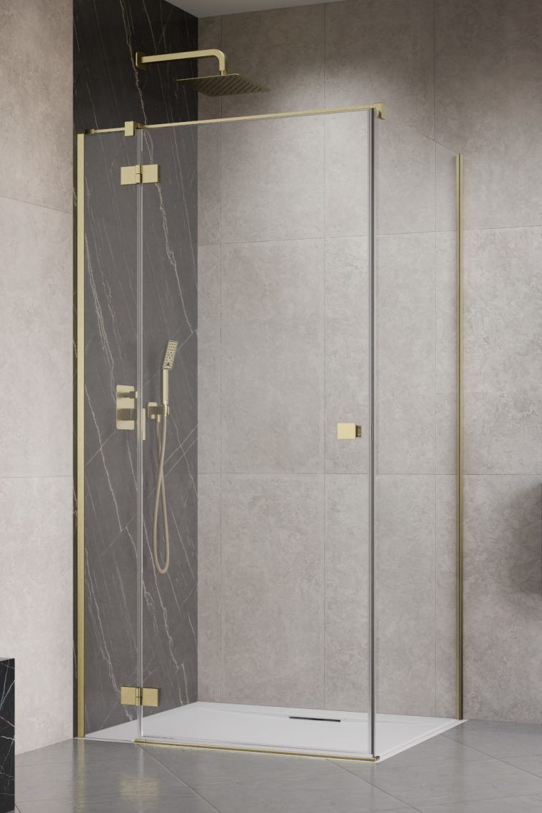 Darmowa Dostawa - Drzwi prysznicowe 90 cm uchylne złoty szczotkowany/szkło przezroczyste Radaway Essenza Brushed Gold KDJ 13850449901L