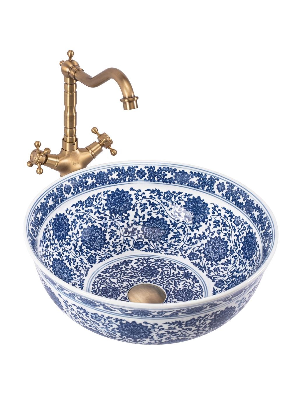 Darmowa Dostawa - Umywalka 41.5x41.5 cm okrągła nablatowa biała-niebieska Rea Bella REAU7503