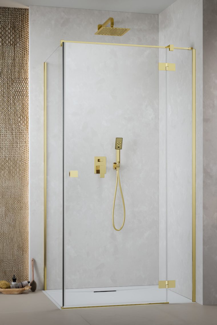 Darmowa Dostawa - Drzwi prysznicowe 90 cm uchylne złoty połysk/szkło przezroczyste Radaway Essenza Gold KDJ 13850440901R