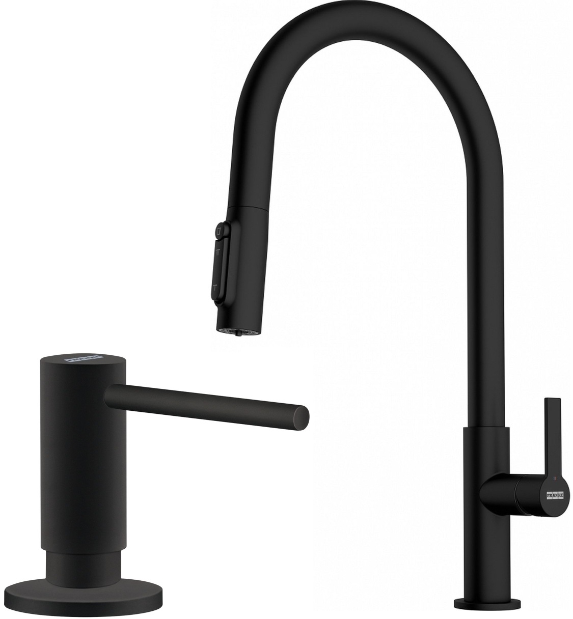 Darmowa Dostawa - Bateria kuchenna z dozownikiem stojąca czarna Franke Maris Slim Clear Water J Pull-Out abset10677