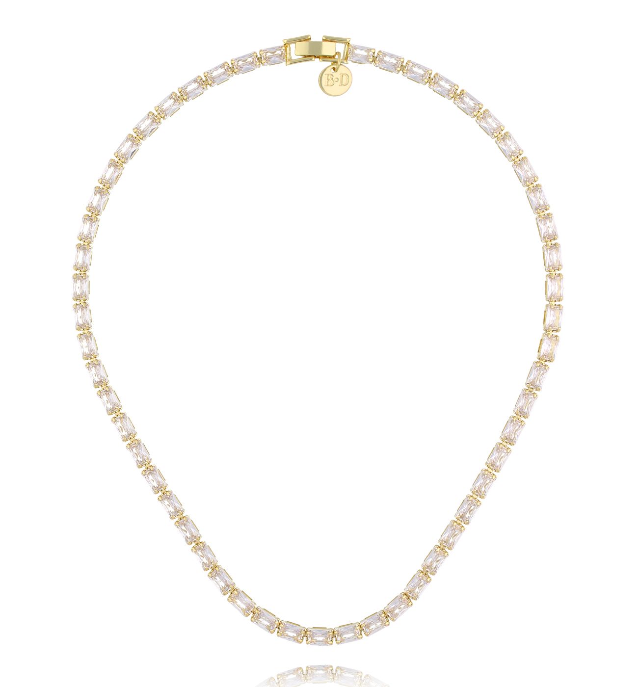 Naszyjnik typu tennis z prostokątnymi kryształkami w złotej oprawie NS0421