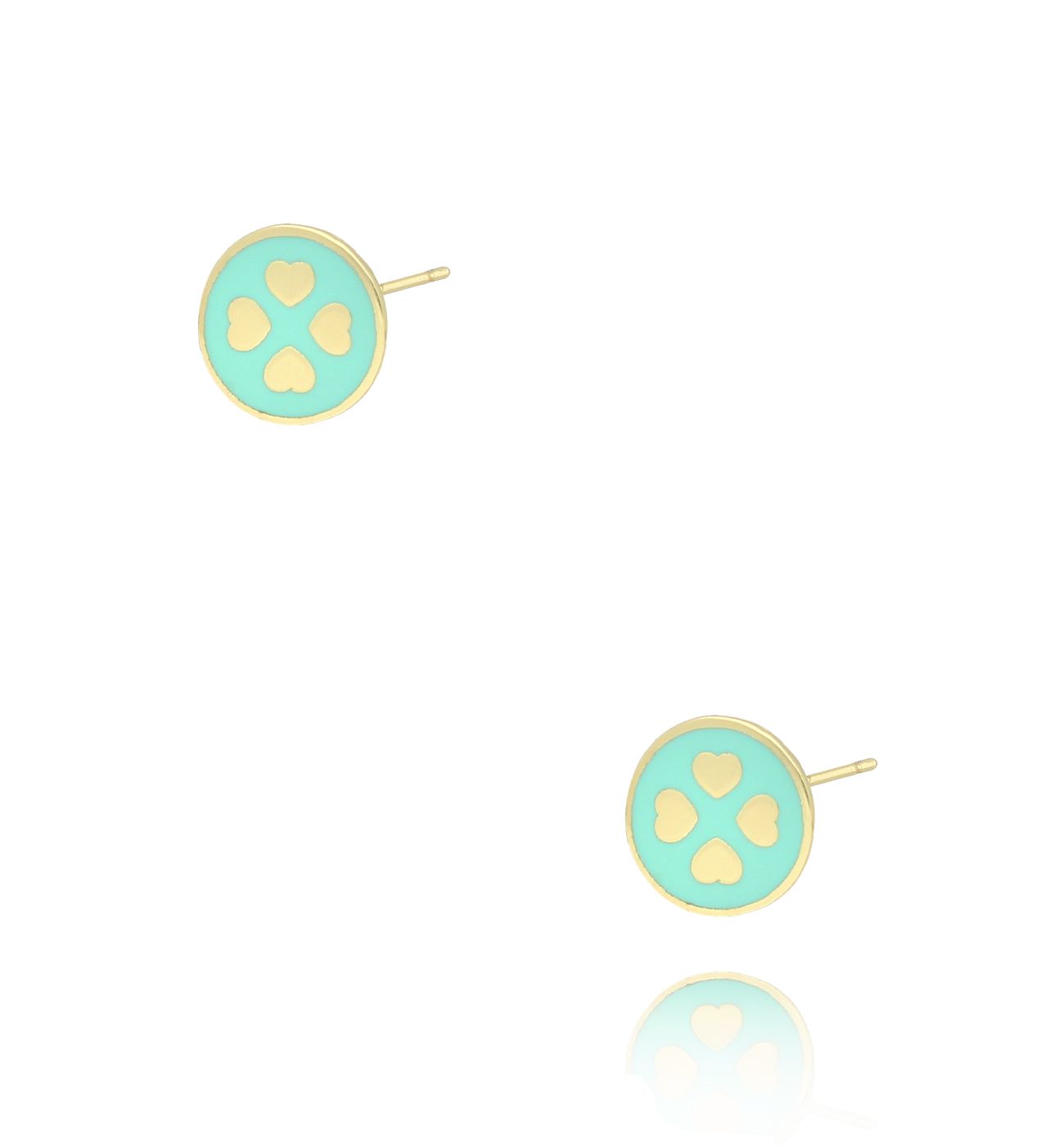 Kolczyki złote z koniczynką i miętową emalią KCA0016 - By Dziubeka