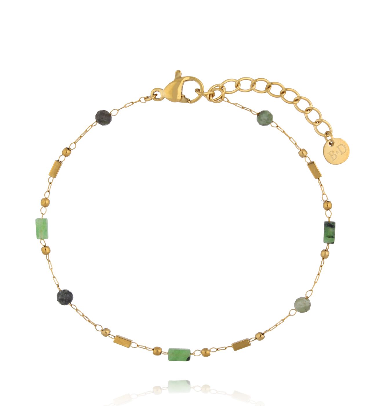 Bransoletka na złotym łańcuszku z turkusem afrykańskim i zielonym jadeitem BEA0101 - By Dziubeka