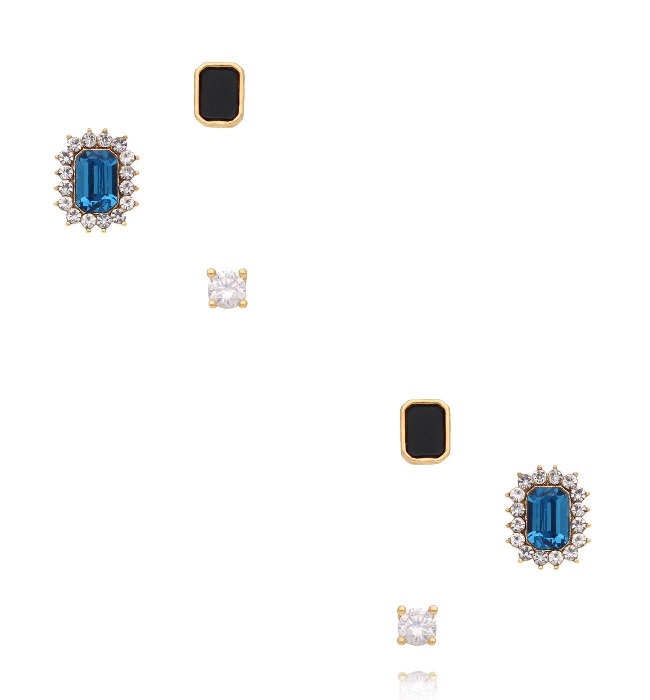 Zestaw kolczyków złoconych z niebieskim kamieniem, czernią i cyrkoniami KMB0003