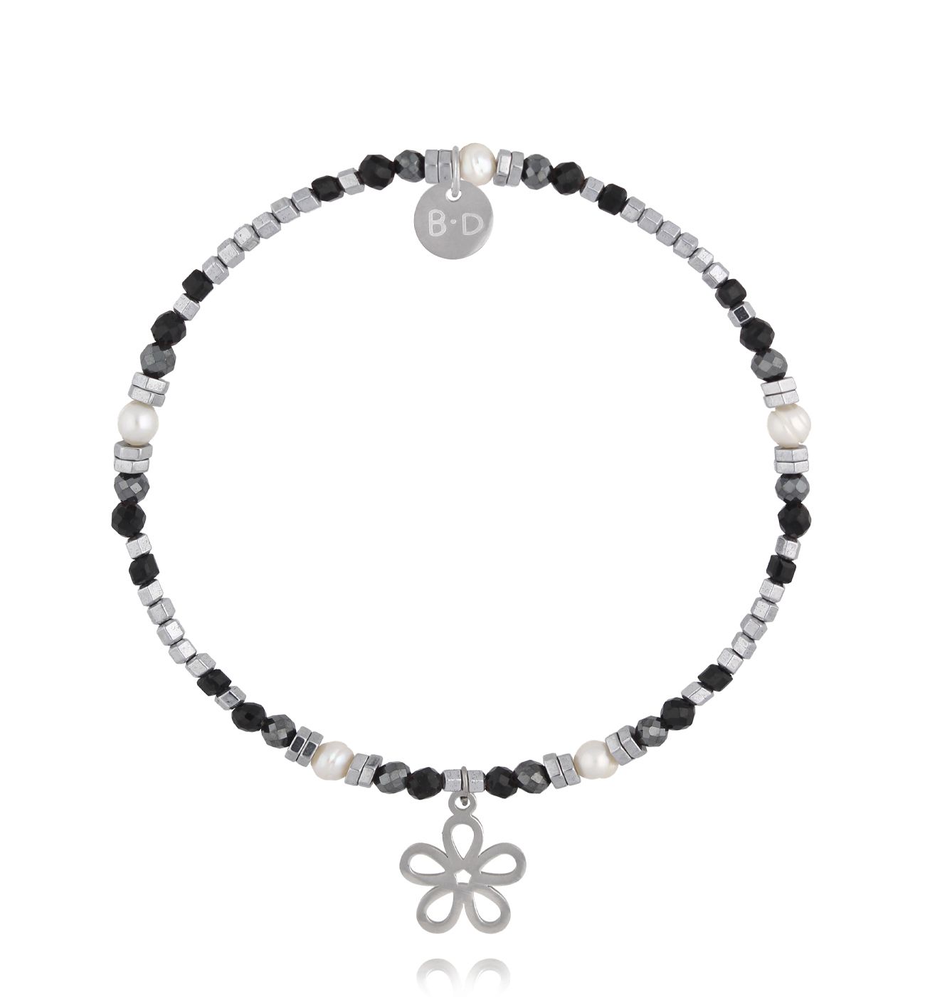 Bransoletka z hematytu, czarnego turmalinu i pereł z zawieszką kwiatka - By Dziubeka