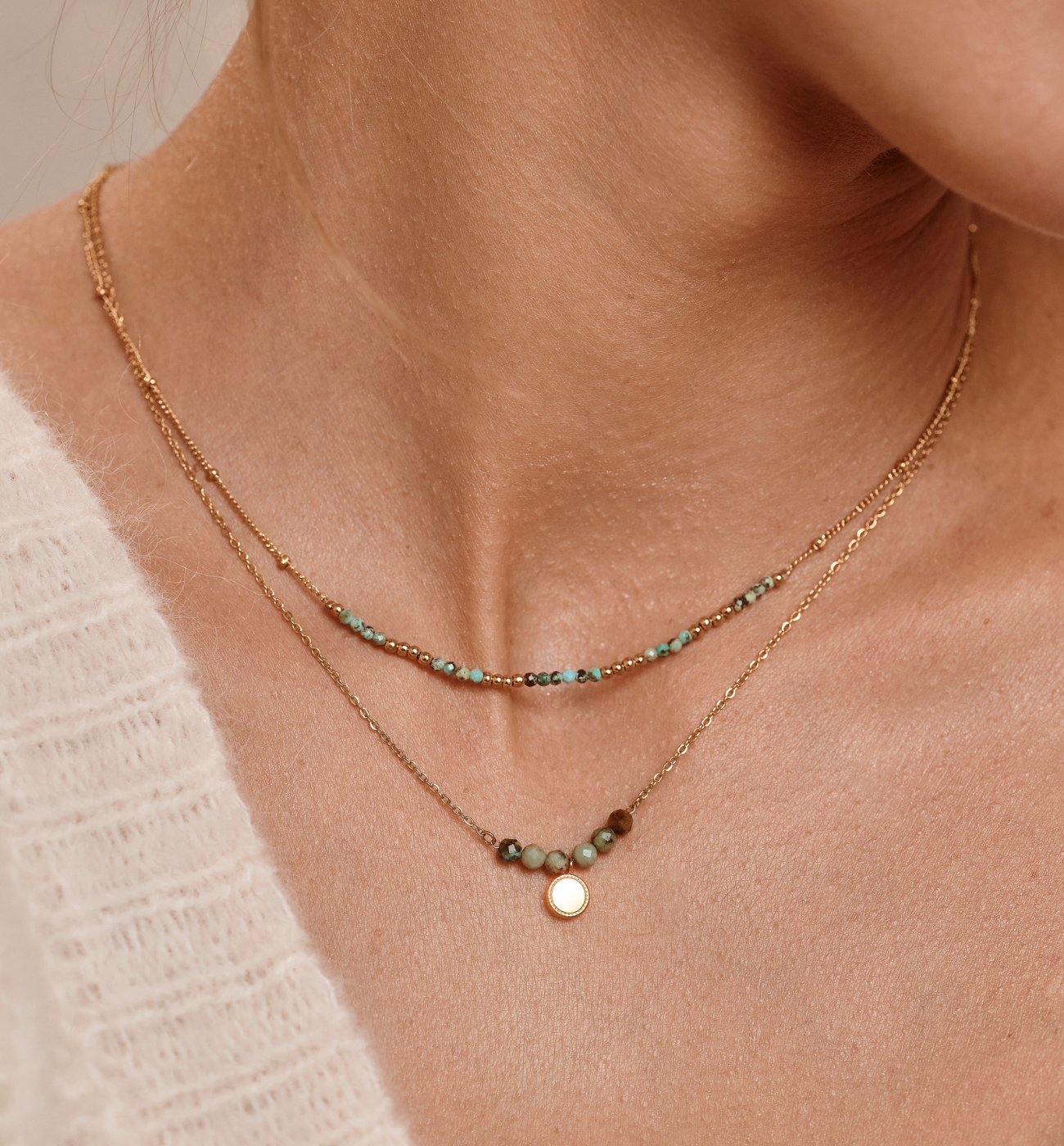 Naszyjnik warstwowy ze złoceniem i jadeitem afrykańskim NEA0102 - By Dziubeka