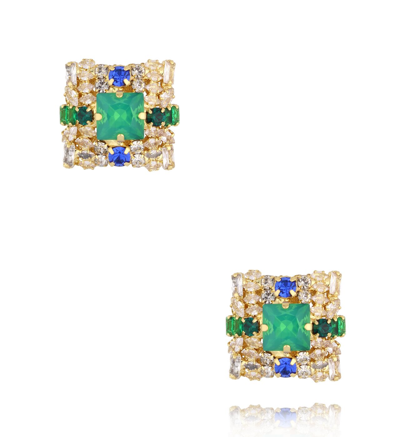 Klipsy kwadratowe z zielonym i niebieskim akcentem - By Dziubeka