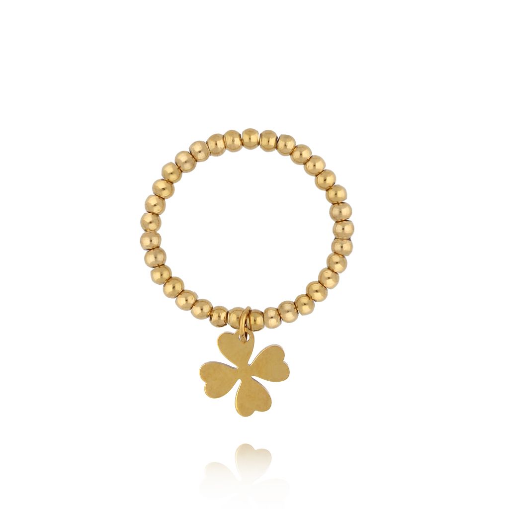 Pierścionek elastyczny złoty z koniczynką - By Dziubeka