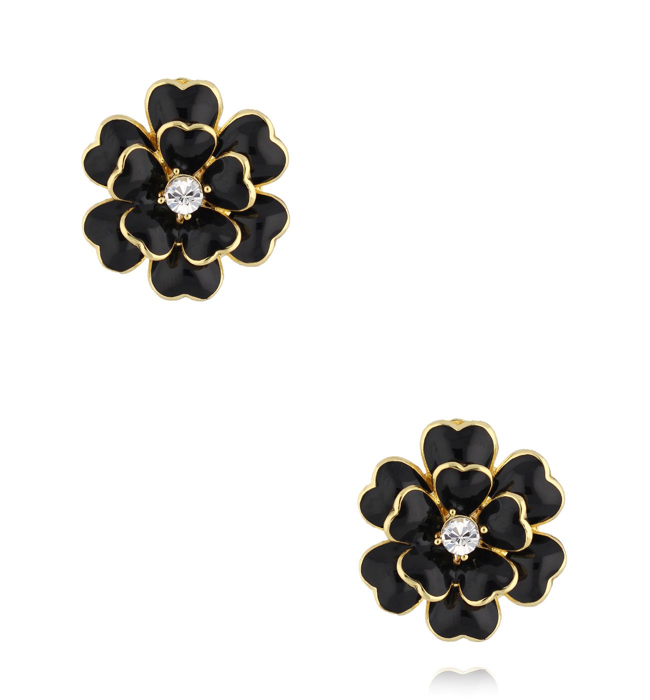 Klipsy kwiaty z czarnym emaliowanym wykończeniem z cyrkonią - By Dziubeka