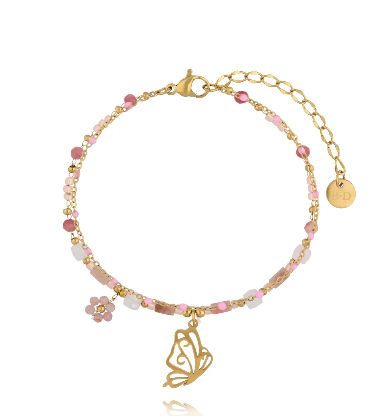 Bransoletka z różowymi kamieniami naturalnymi i zawieszką motyla BSY0581 - By Dziubeka