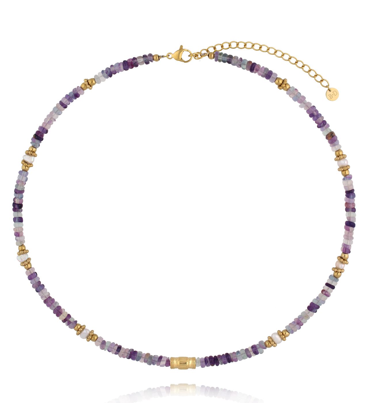 Naszyjnik z fluorytu i pereł słodkowodnych ze złotymi detalami NEA0079