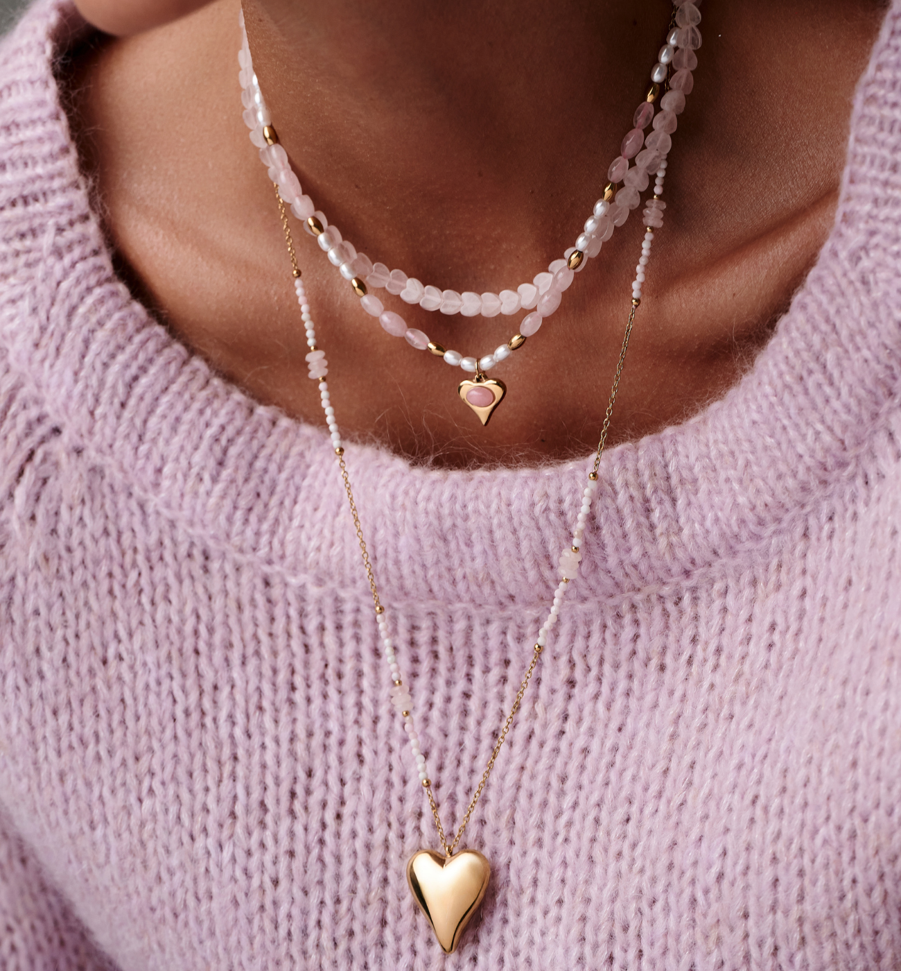 Zestaw naszyjników z różowego kwarcu z sercami ZN0180 - By Dziubeka