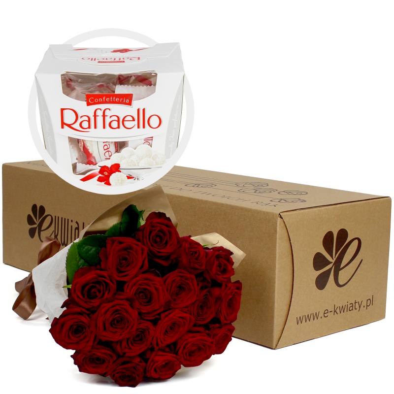 18 czerwonych róż z Raffaello - Poczta bukietowa - Kwiaciarnia internetowa - E-Kwiaty
