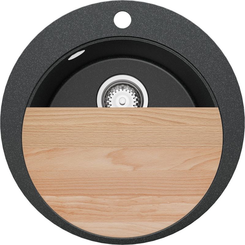 Zlewozmywak Okrągły Piza PRIMAGRAN Nablatowy 50x50cm do szafki od 45cm, Grafitowy + Syfon + Deska, S029, 1 szt.
