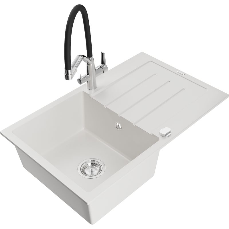 Zlewozmywak granitowy 1-komorowy Mexen Bruno z ociekaczem i baterią kuchenną Duo biały 6513-20-671701-07