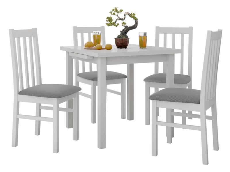 Zestaw DR14 Stół rozkładany Max VII 80x80/110 + 4 krzesła Bos 10 biały + szara tapicerka 1 kpl.