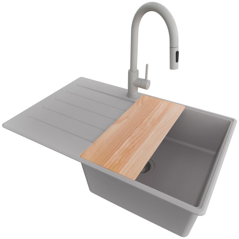 Zlewozmywak Granitowy Kopenhaga PRIMAGRAN Nablatowy 78x50cm do szafki od 50cm, Szary + Bateria + Syfon + Deska, S550, 1 szt.