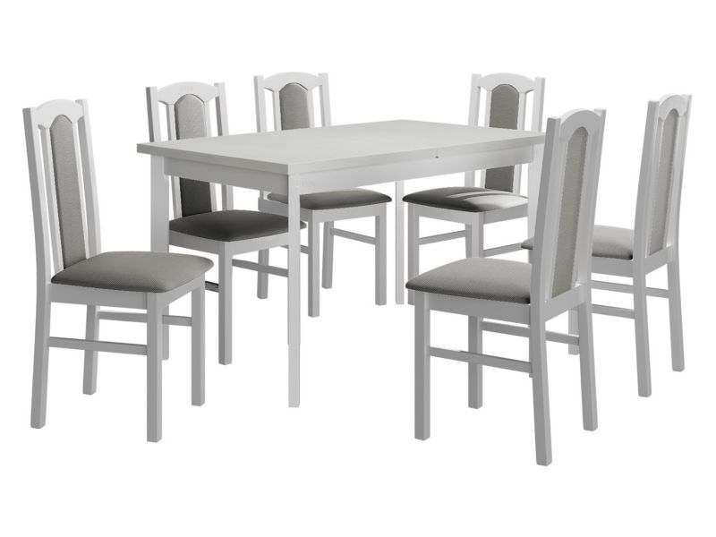 Zestaw DR08 MIRJAN 24 Stół rozkładany Modena I P 80x140/180 + 6 krzeseł Bos 7 biały + szara tapicerka 1 kpl.