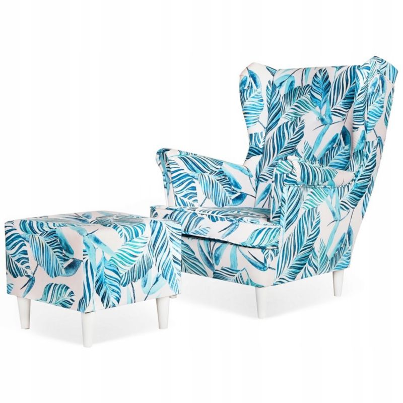 Fotel uszak do salonu z podnóżkiem Family Meble ARI PRINT niebieski 1szt