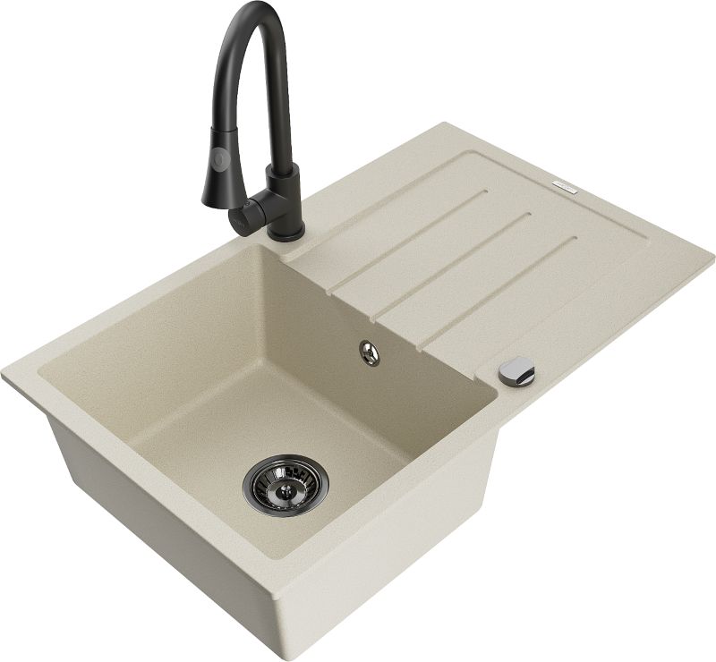 Zlewozmywak granitowy Mexen Bruno 1-komorowy z ociekaczem i baterią kuchenną Elia beżowy - 6513-69-670101-00 1 szt.