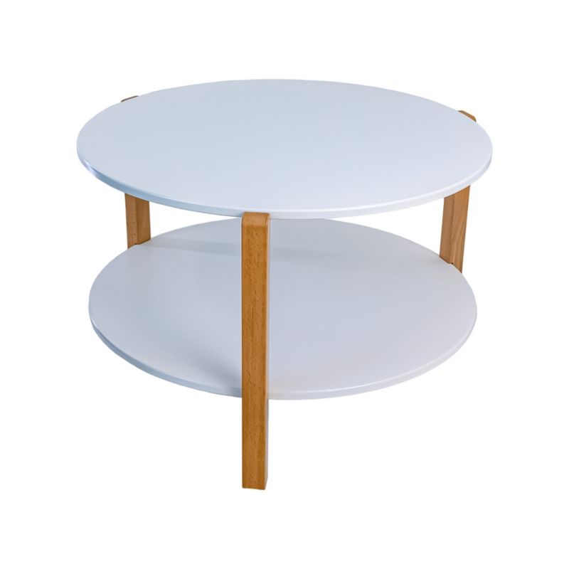 Okrągły Stolik Kawowy z Półką Dwupoziomowy POSNORD MDF 75x50 cm, Bukowe Nogi Biały 1szt.