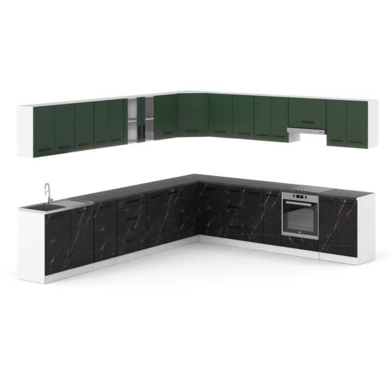 Zestaw Kuchenny Hurtownia-Mebli Z Blatem Kuchnia narożna Rossa 680cm Biały Mat Butelkowa Zieleń/San Sebastian 680x47x145 cm 1sz