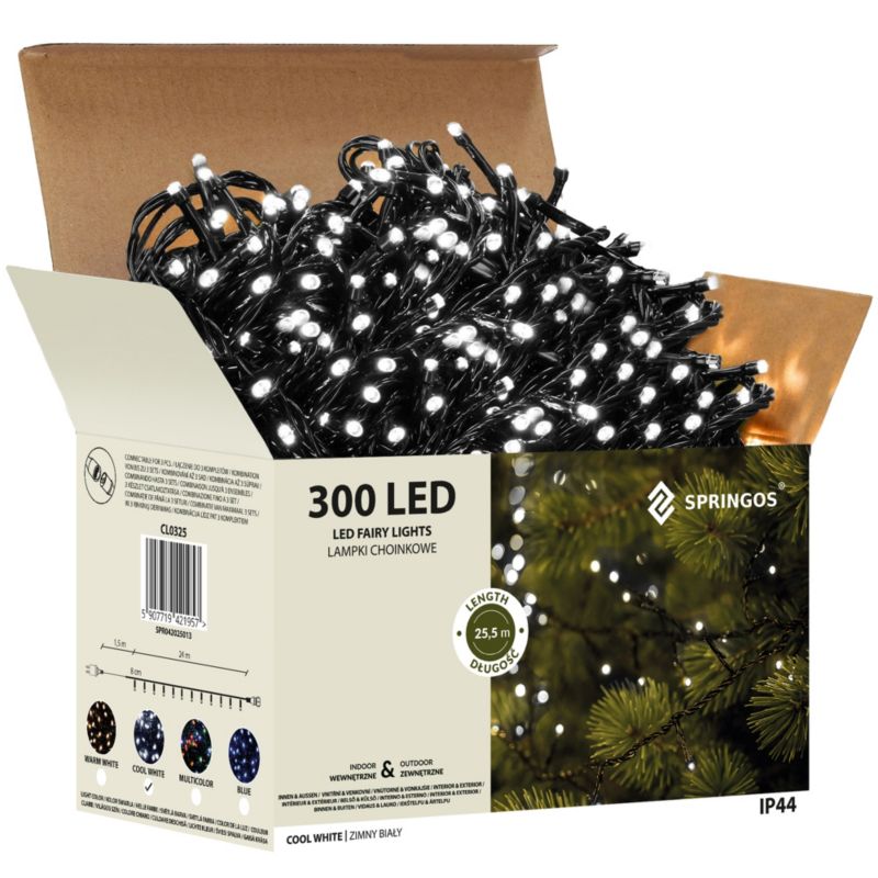 Lampki choinkowe Springos 300 Led biały zimny 18m oświetlenie świąteczne IP44 1 szt.