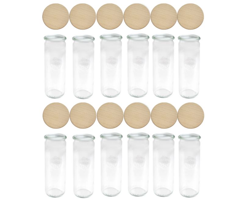 Słoiki MODO24 Weck 600 ml fi 60 cylinder drewniane wieka 12 kpl.