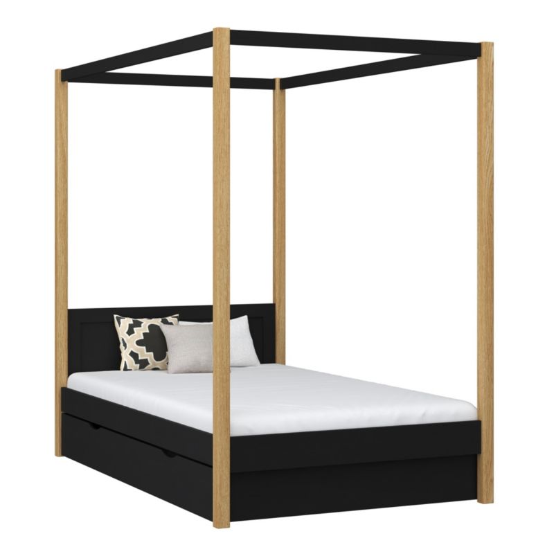 Drewniane łóżko N-WOOD pojedyncze z baldachimem i szufladą N02 czarno dębowy 120x200 1szt.