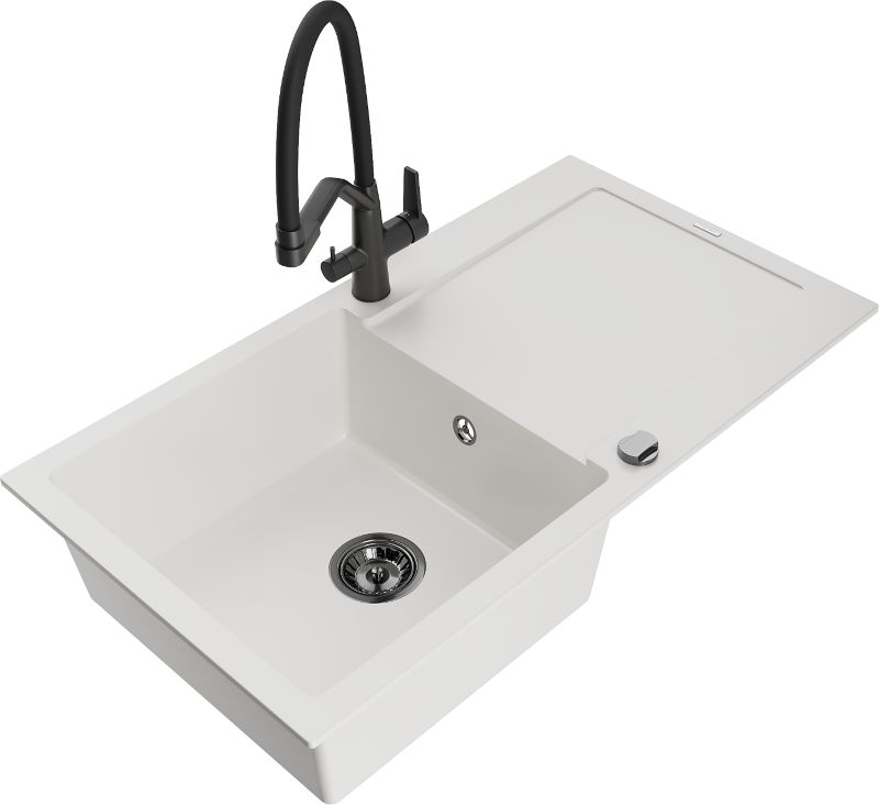 Zlewozmywak granitowy Mexen Leo 1-komorowy z ociekaczem i baterią kuchenną Duo biały - 6501-20-671701-07-B 1 szt.