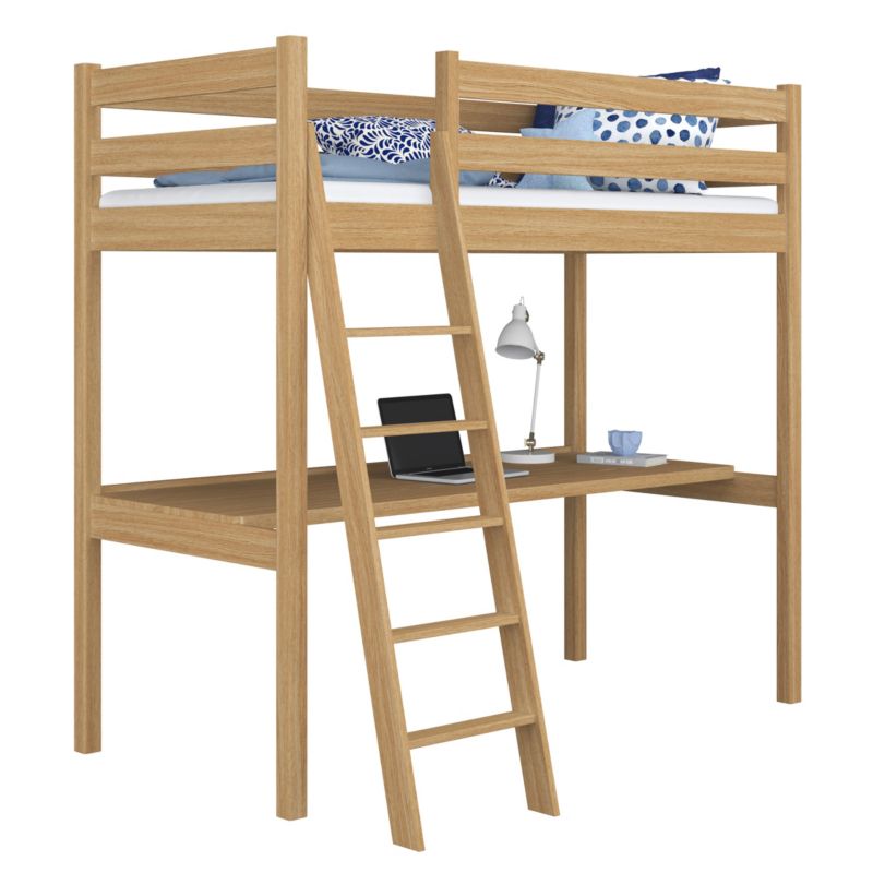 Dębowe łóżko N-WOOD na antresoli z biurkiem N03 dąb naturalny 100x190 1szt.