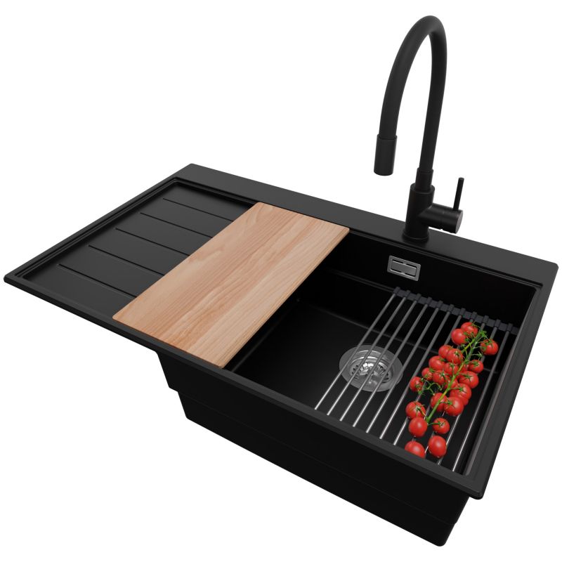 Zlewozmywak Granitowy Sydney PRIMAGRAN Nablatowy 78x50cm do szafki od 50cm, Czarny + Bateria + Syfon + Akcesoria, S326, 1 szt.