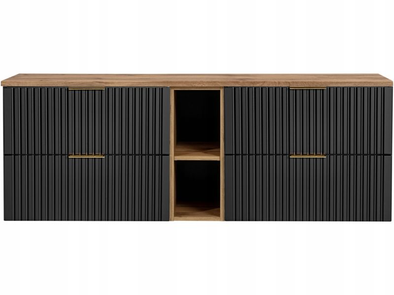 Szafka pod umywalkę Furnidea 180 cm czarny mat z blatem dąb Wotan i regałem dąb Wotan Adel 1 szt.