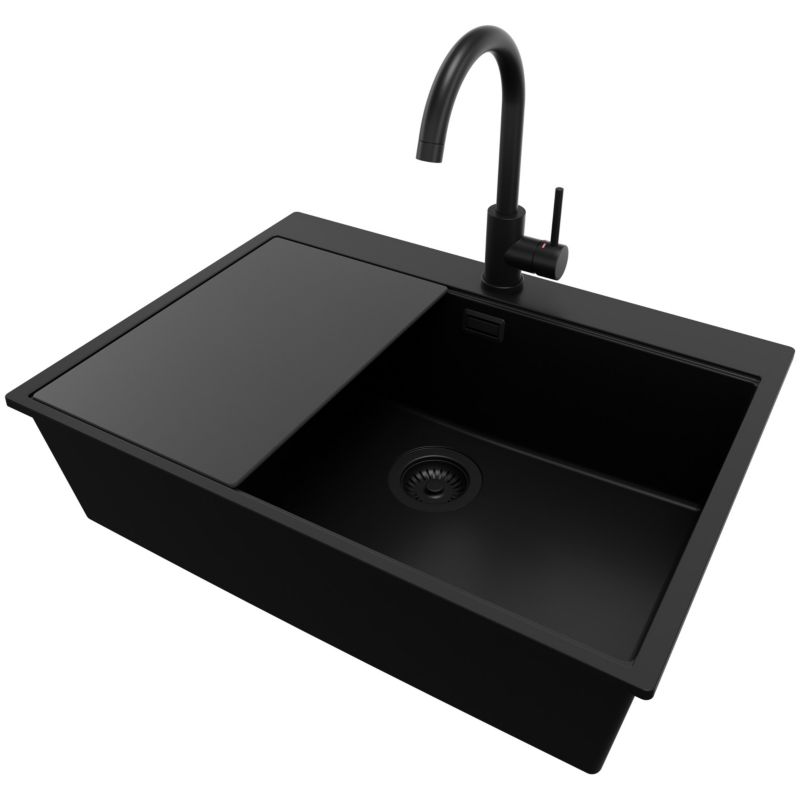 Zlewozmywak Granitowy Oslo PRIMAGRAN Nablatowy 68x50cm do szafki od 70cm, Cały Czarny + Bateria + Syfon + Deska, S520, 1 szt.