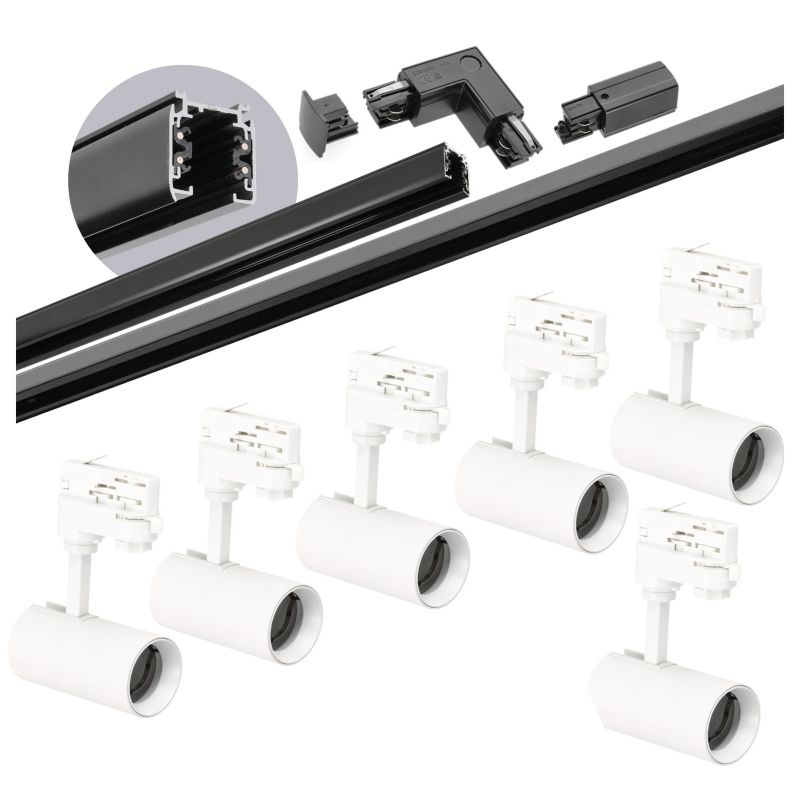 Oświetlenie szynowe 3-fazowe szyna czarna 2m+1m, 6x Lampa biała, łącznik L 1kpl.