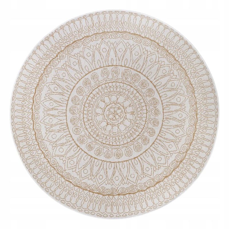 Dywan Mojdywan okrągły na taras 160cm, płaskotkany kremowo beżowy wzór mandala 1 szt.