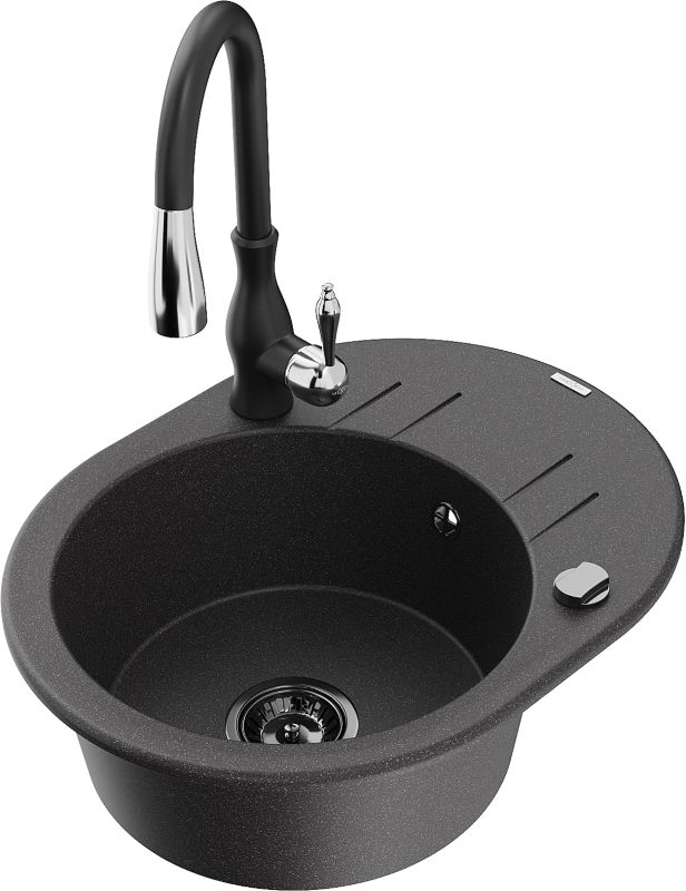Zlewozmywak granitowy Mexen Kevin 1-komorowy z ociekaczem i baterią kuchenną Savita czarny 6517-76-672601-70-B
