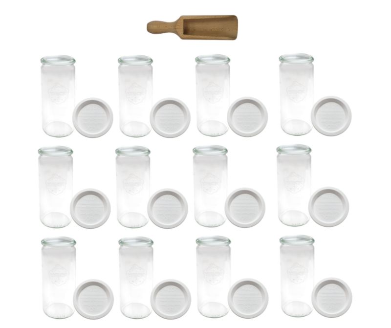 Słoiki MODO24 Weck 1040 ml fi 80 cylinder plastikowe wieka miarka 12 kpl.