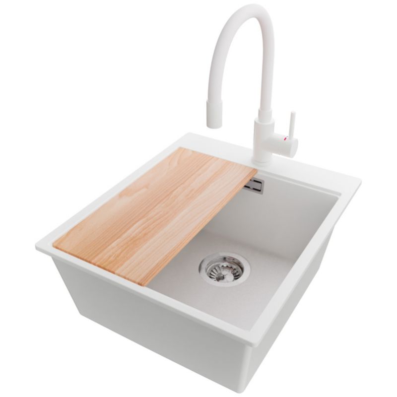 Zlewozmywak Granitowy Oslo PRIMAGRAN Nablatowy 43x50cm do szafki od 45cm, Biały + Bateria 38x14cm + Syfon + Deska, S211, 1 szt.