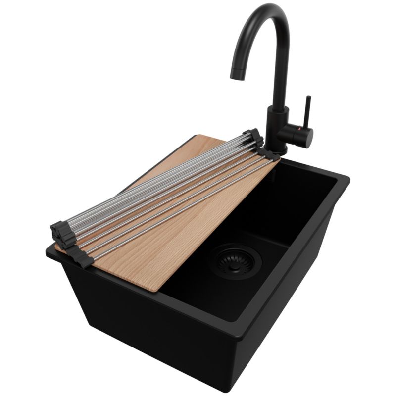 Zlewozmywak Granitowy Londyn Slim PRIMAGRAN Nablatowy 36x47cm do szafki od 40cm z Syfonem i Baterią i Dodatkiem Cały Czarny 1 szt.