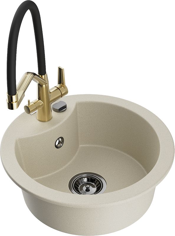 Zlewozmywak granitowy Mexen Diego 1-komorowy z baterią kuchenną Duo beżowy 6512-69-671701-57-B