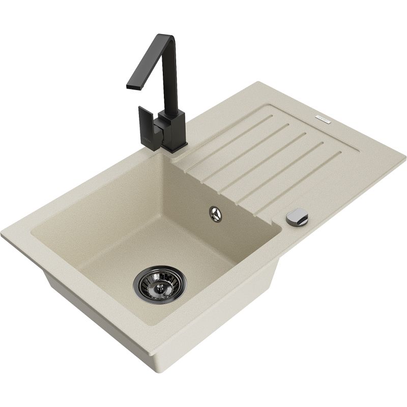 Zlewozmywak granitowy 1-komorowy Mexen Pablo z ociekaczem i baterią kuchenną Rita beżowy - 6510-69-670300-50 1 szt.