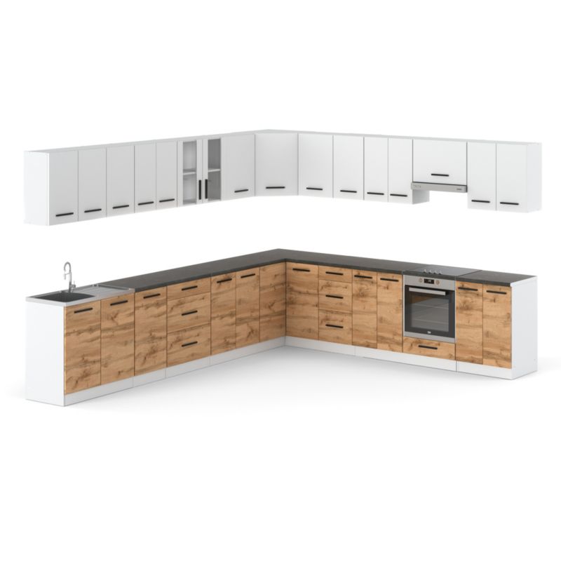 Zestaw Kuchenny Hurtownia-Mebli Z Blatem Kuchnia narożna Rossa 680cm Biały Mat Biały Mat/Dąb Wotan 680x47x145 cm 1szt.