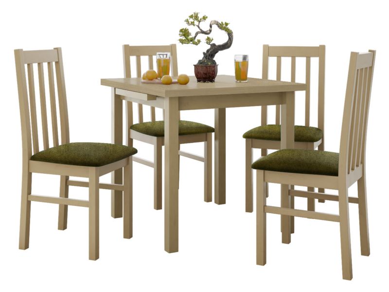 Zestaw DR14 Stół rozkładany Max VII 80x80/110 + 4 krzesła Bos 10 sonoma + ciemnozielona tapicerka 1 kpl.