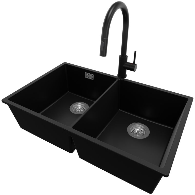 Zlewozmywak podblatowy Londyn Twin PRIMAGRAN 76x47cm do szafki od 80cm, Czarny + Bateria 40x20cm + Syfon, S019, 1 szt.