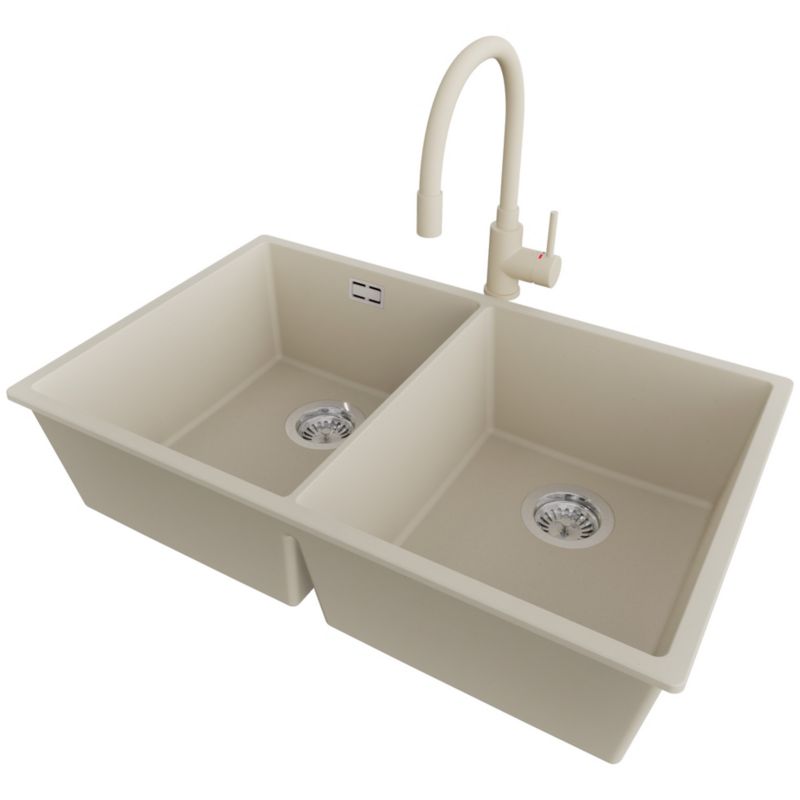 Zlewozmywak podblatowy Londyn Twin PRIMAGRAN 76x47cm do szafki od 80cm, Beżowy + Bateria 38x14cm + Syfon, S033, 1 szt.